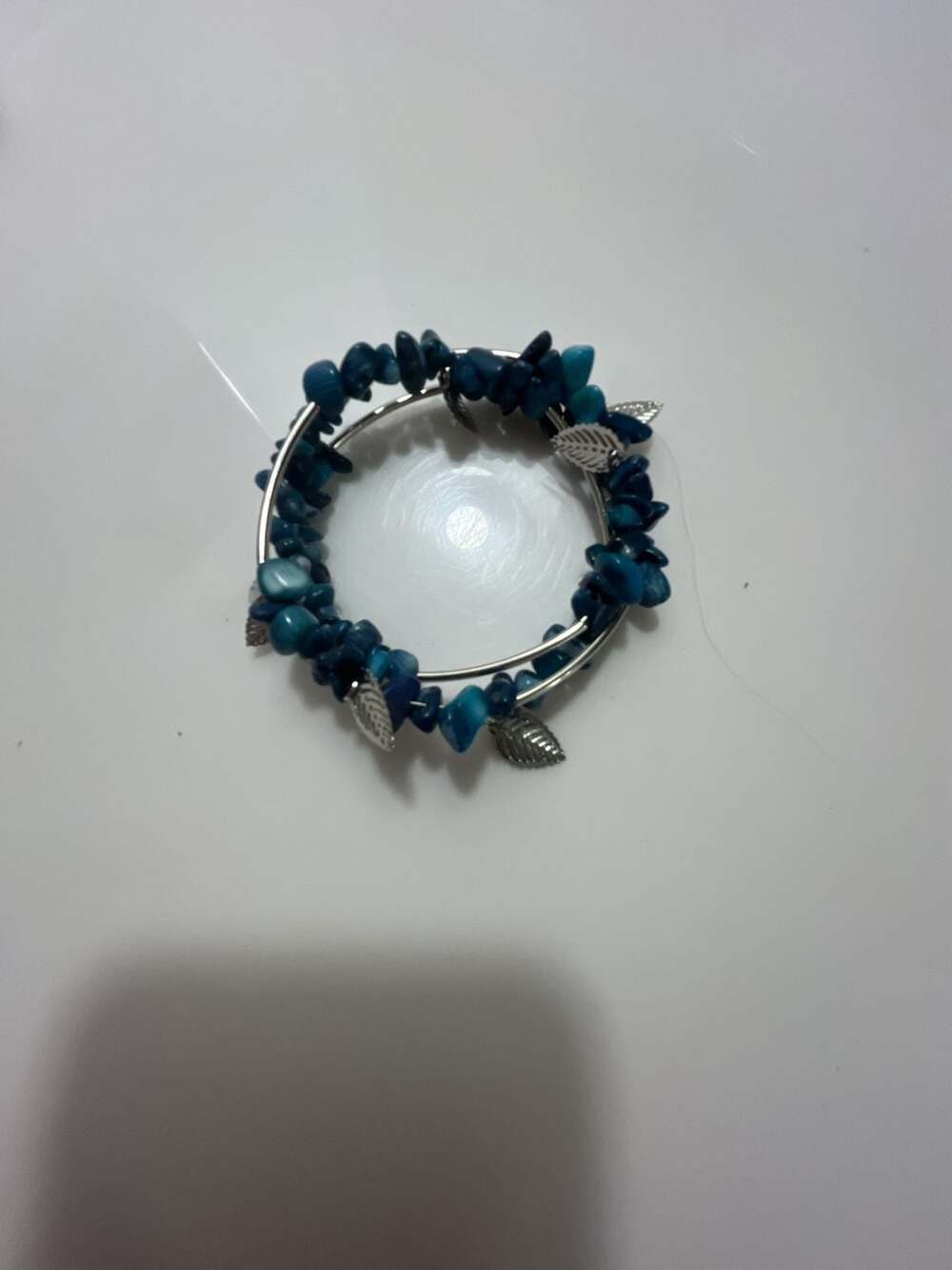 Blue Stone Chip Wrap Bracelet with Silver Leaf Charms